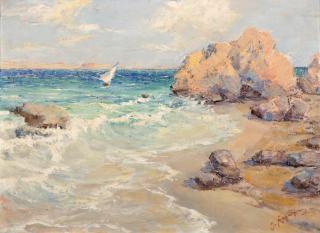 Oumbertos Argyros - Un bateau à voile, près de la côte