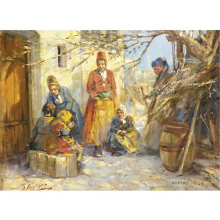 Oumbertos Argyros - Women And Children In A Courtyard