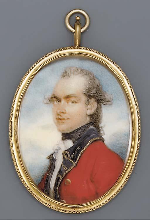 Ozias Humphry, R.A. - A young officer, probably of an Indian infantry regiment, facing left in red coat with gold-bordered blue facings, white cravat and black stock, powdered hair en queue