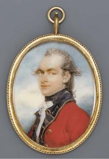 Ozias Humphry, R.A. - A young officer, probably of an Indian infantry regiment, facing left in red coat with gold-bordered blue facings, white cravat and black stock, powdered hair en queue