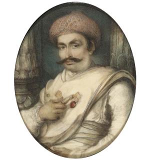 Ozias Humphry, R.A. - Haidar Beg Khan, Prime Minister to Asoph ul Dowlah, holding a letter-bag with red seal seated before two pillars, facing left in white robes, embroidered pink and white turban