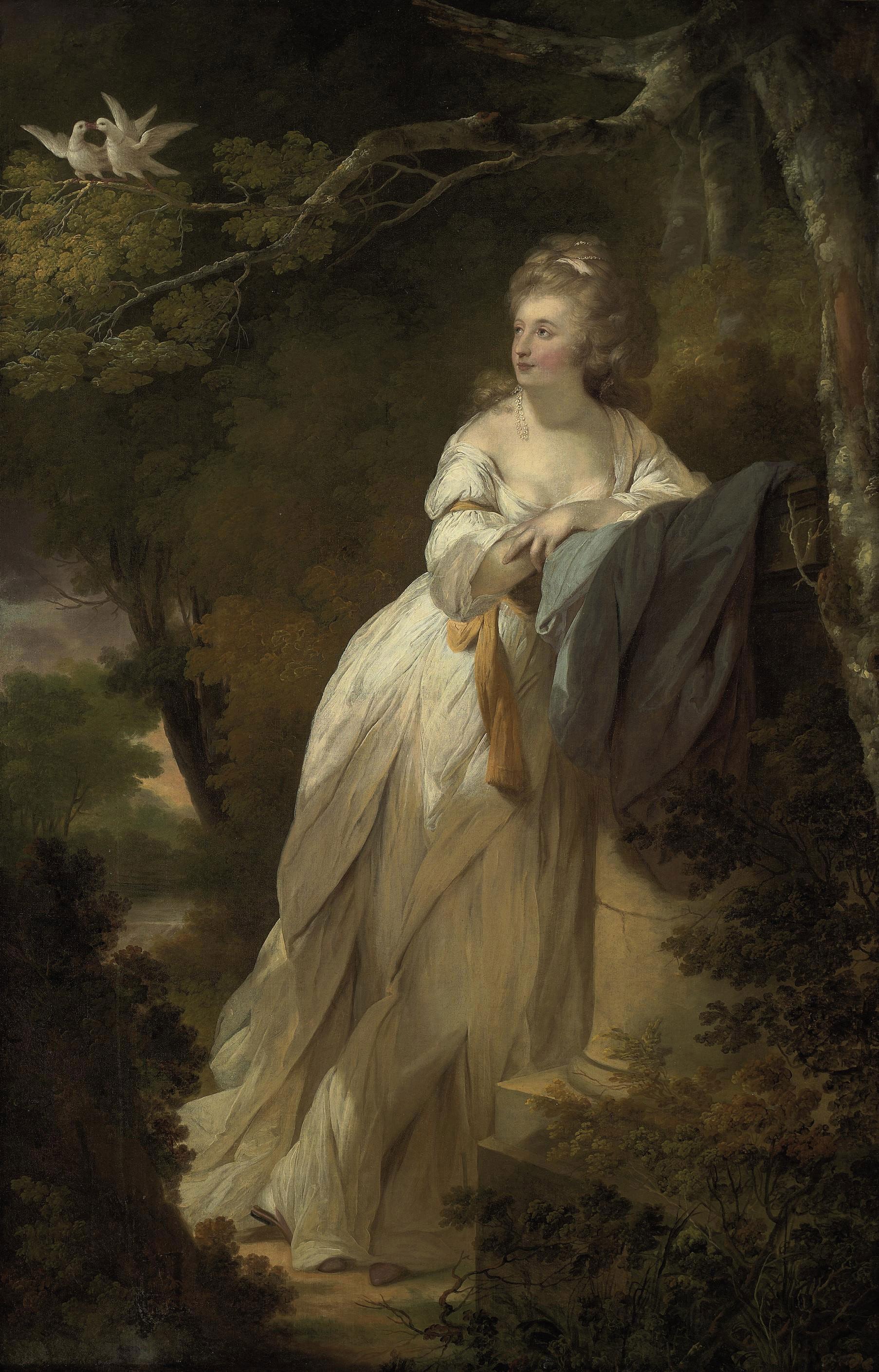 Ozias Humphry, R.A. - Portrait of a lady, full-length, in a white dress, leaning on a pedestal by a tree with two doves