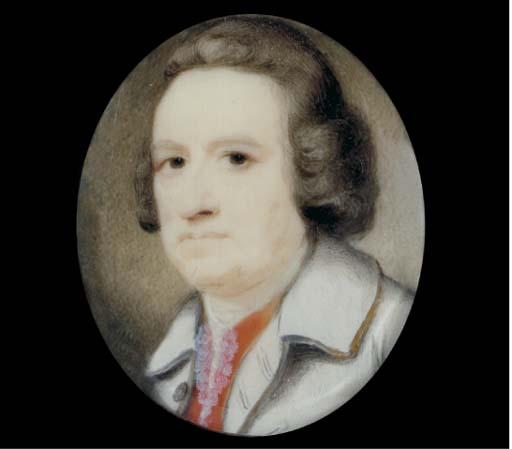 Ozias Humphry - A gentleman in white coat and scarlet waistcoat, lace cravat, wearing a wig