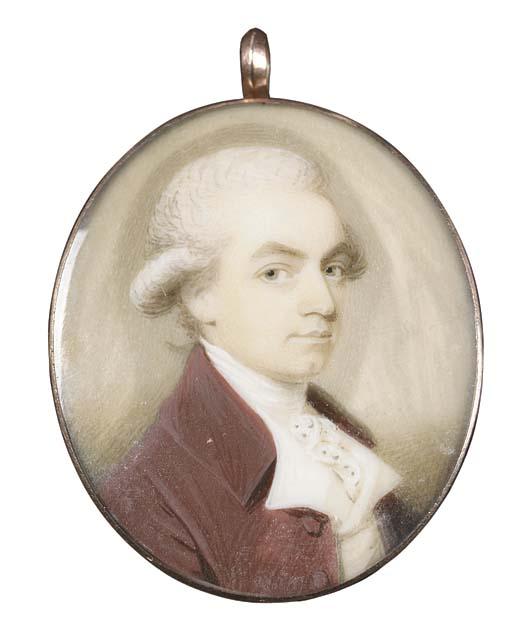 Ozias Humphry - A young gentleman, facing right in brown coat and white waistcoat, sprigged cravat, powdered hair