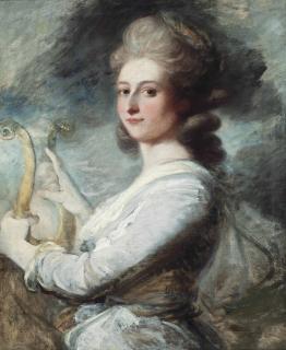 Ozias Humphry - Portrait Of A Lady, Half-Length, In A Lavender And White Dress, Playing A Lyre