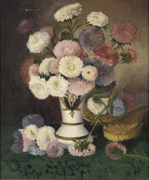 P. Toussaint - Still Life With A Flowers In A Painted Porcelain Vase And A Basket On A Tabletop