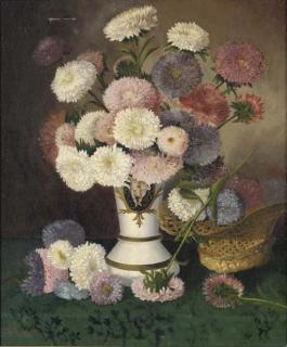 P. Toussaint - Still Life With A Flowers In A Painted Porcelain Vase And A Basket On A Tabletop