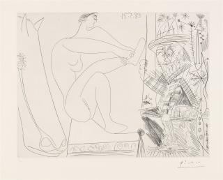 Pablo Picasso - Au Cirque. Écuyère se chaussant dans les coulisses et clown au trapèze