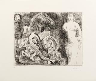Pablo Picasso - Char Romain avec Ecuyère tombant Femme Nue et Spectateurs (from Sèrie 347)