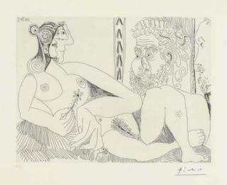 Pablo Picasso - Femme aux Fleurs et Portrait de Barbu, avec Degas de Profil, Plate 104 from Series 156 (B. 1959; Ba. 1968)