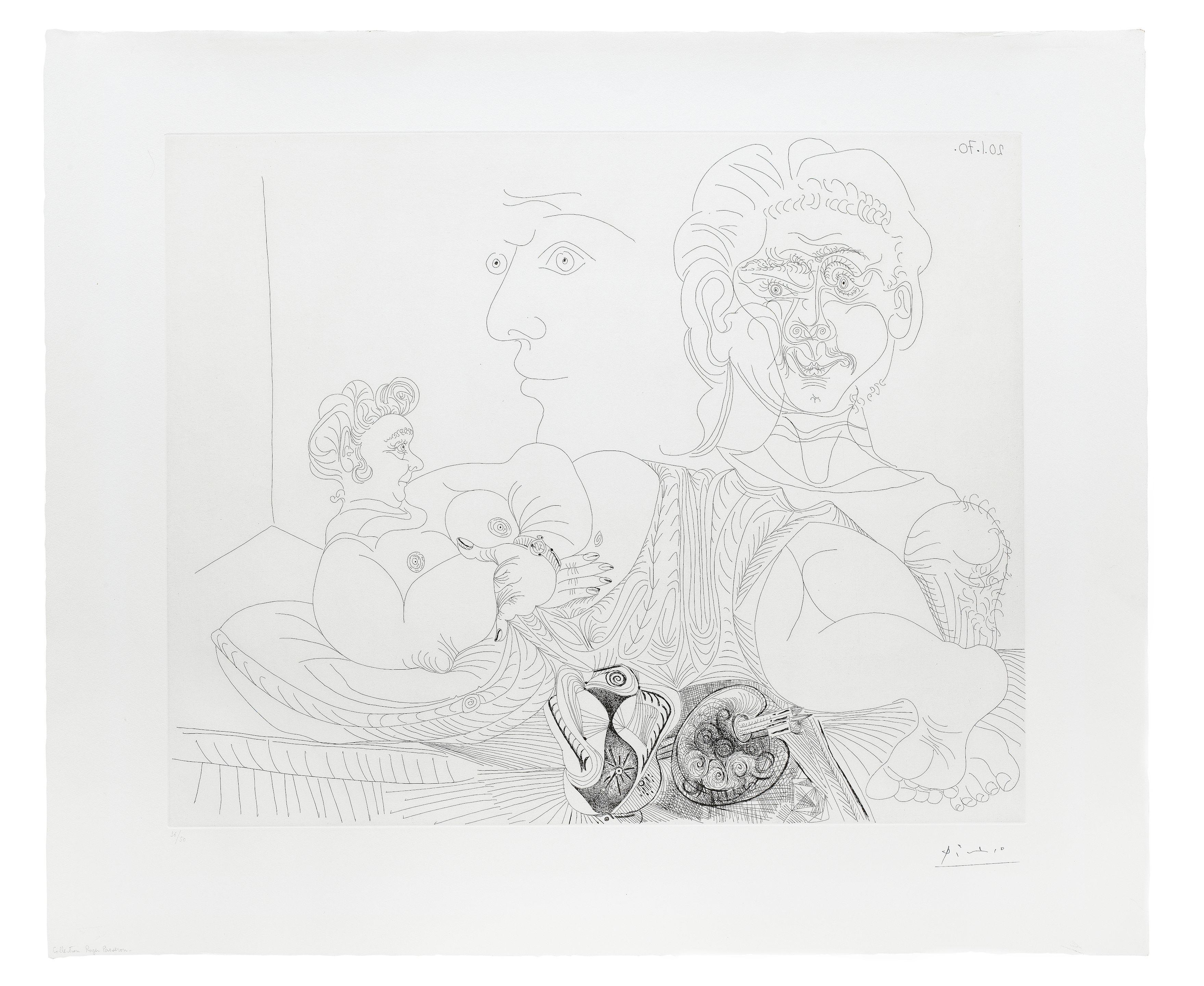 Pablo Picasso - Femme couchée et deux visages, from Suite 156, 1970