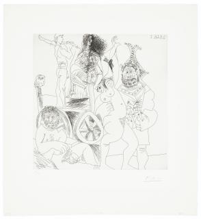 Pablo Picasso - Halte de comédiens ambulants, avec hibou, et bouffon enlaçant une femme, from La Série 347