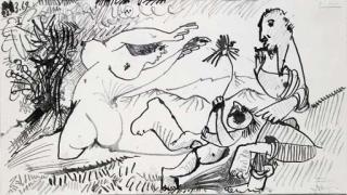 Pablo Picasso - Homme, femme et enfant à l\'oiseau dans un paysage