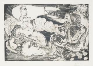 Pablo Picasso - Joueur de diaule et couple au bord de la mer (Diaule Player and Couple by the Sea), from La série 347