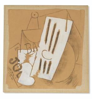 Pablo Picasso - Journal, verre, bouteille de Bass, guitare