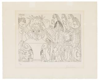 Pablo Picasso - Le buste du peintre mort est couronné par l\'Académie: La veuve se moque, from: La Séries 347