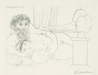 Pablo Picasso - Le repos du sculpteur I (sculpteur et son modèle avec la tête sculptée du modèle)