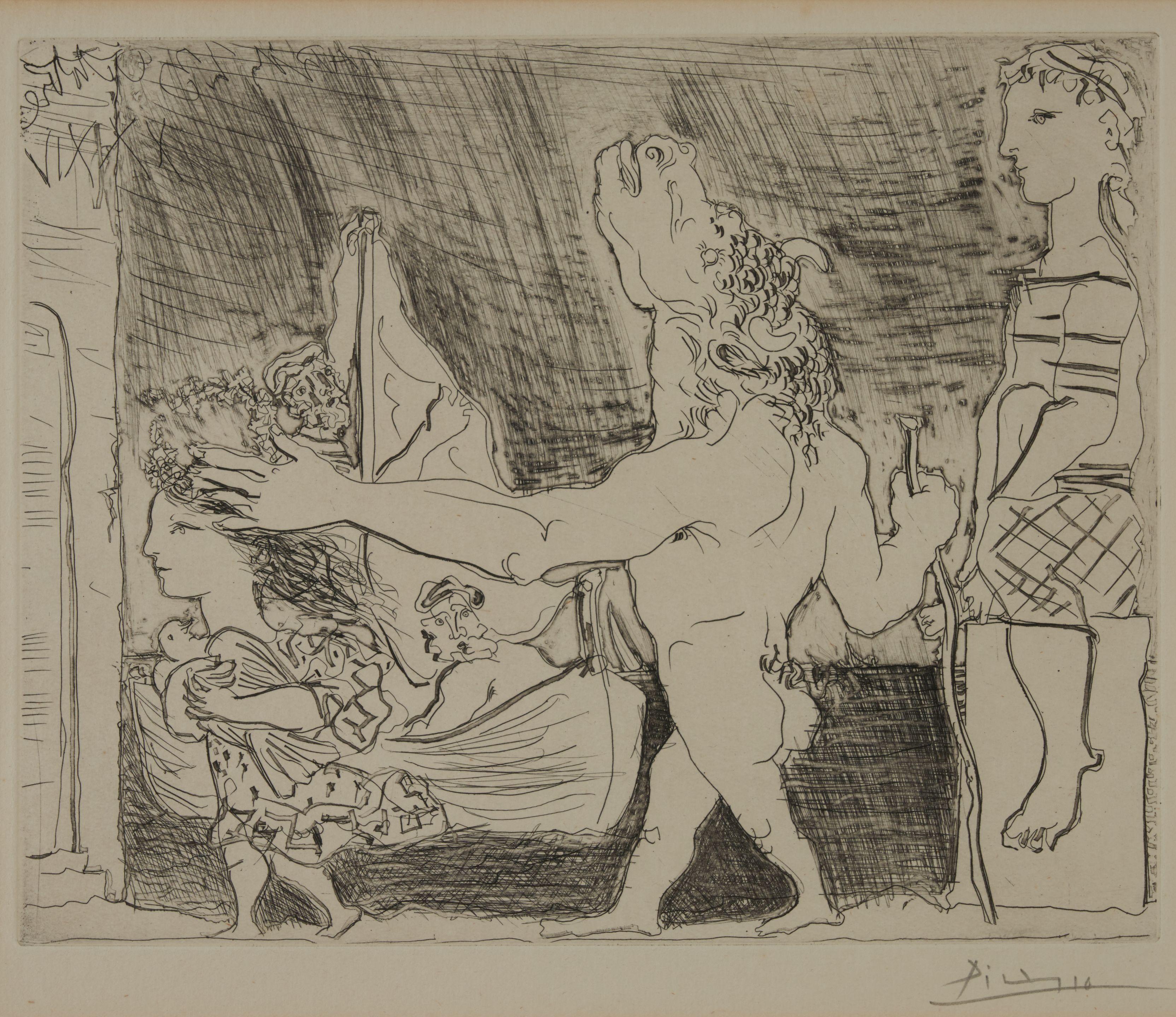 Pablo Picasso - Minotaure aveugle guidé dans la nuit par une petite fille au pigeon, plate 96 from La Suite Vollard