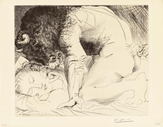 Pablo Picasso - Minotaure caressant du mufle la main d\'une dormeuse