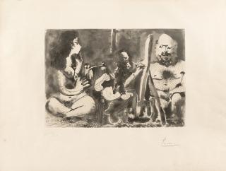 Pablo Picasso - Peintre au Travail avec Modèle barbu et une Spectatrice assise en tailleur (dal portfolio \'Les Bleus de Barcelone\')