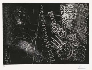 Pablo Picasso - Peintre en Demi-Figure et Modele Assis en Tailleur