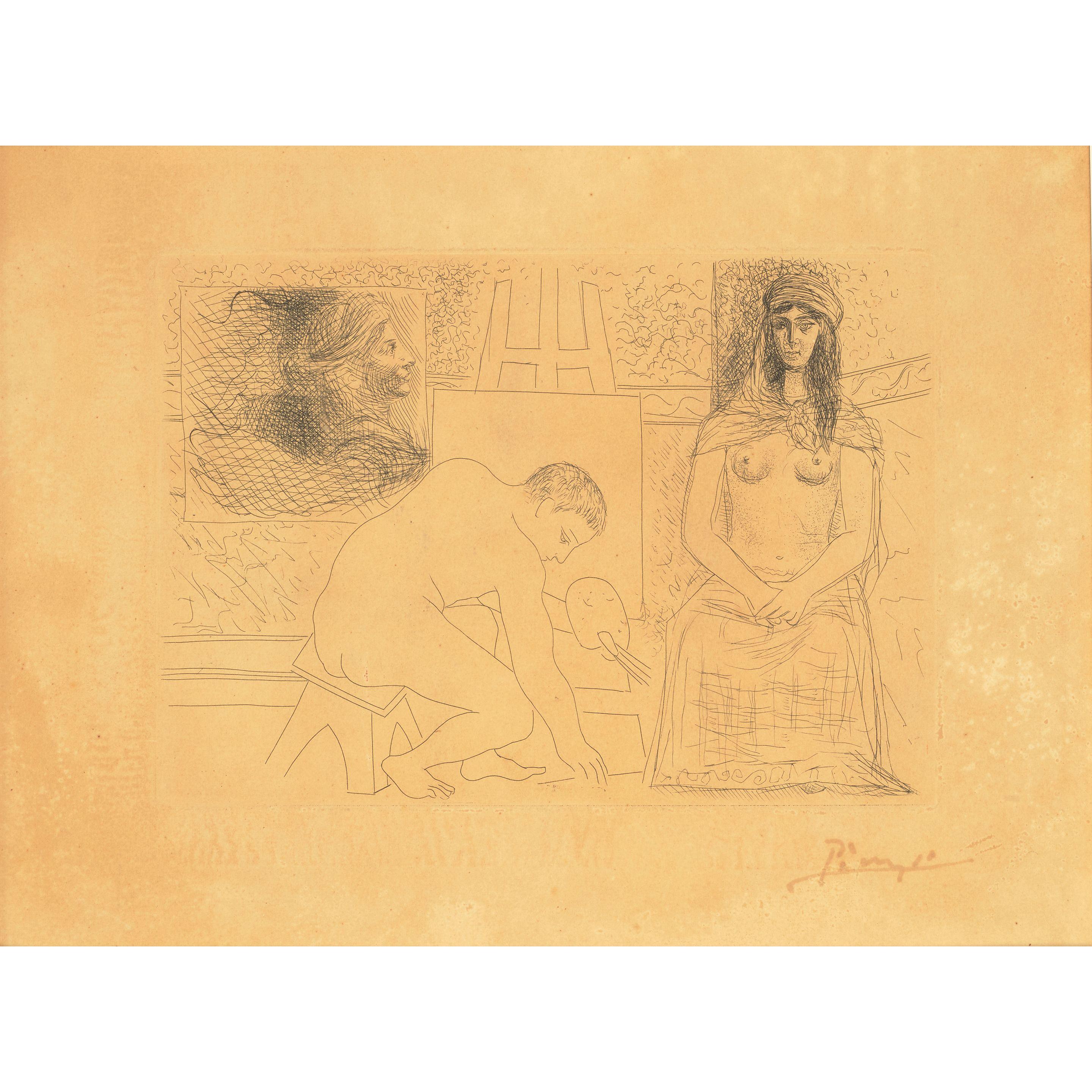 Pablo Picasso - Peintre ramassant son pinceau avec un modèle au turban (Painter Picking up his Brush, with a Model Wearing a Turban), from Le chef d\'œuvre inconnu