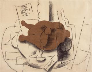 Pablo Picasso - Poulet, verre, couteau, bouteille