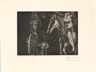 Pablo Picasso - Vieil homme et femme penchée sur l\'encolure de son cheval, from La Série 156