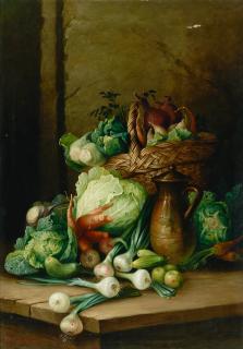 Pál Böhm - A bounty of garden vegetables in a basket and on a table with a jug