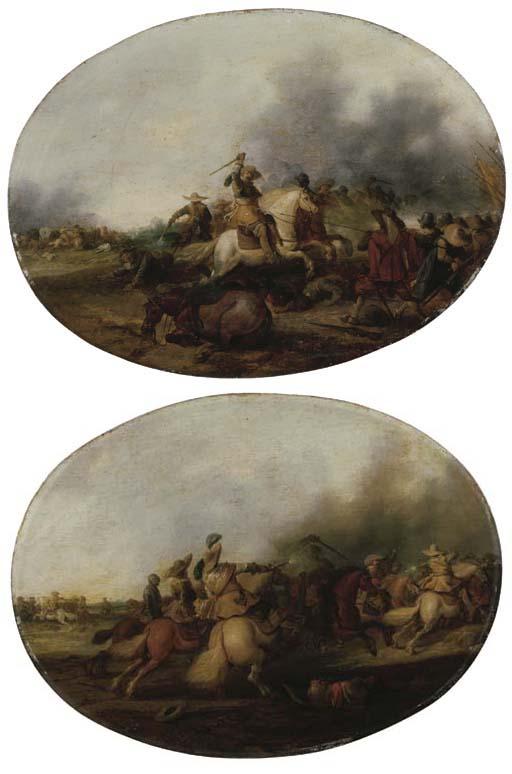 Palamedes Palamedesz. - A cavalry skirmish with a fallen soldier; and A cavalry skirmish with a fallen horse