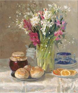 Pamela Kay - Breakfast still life with hyacinths
