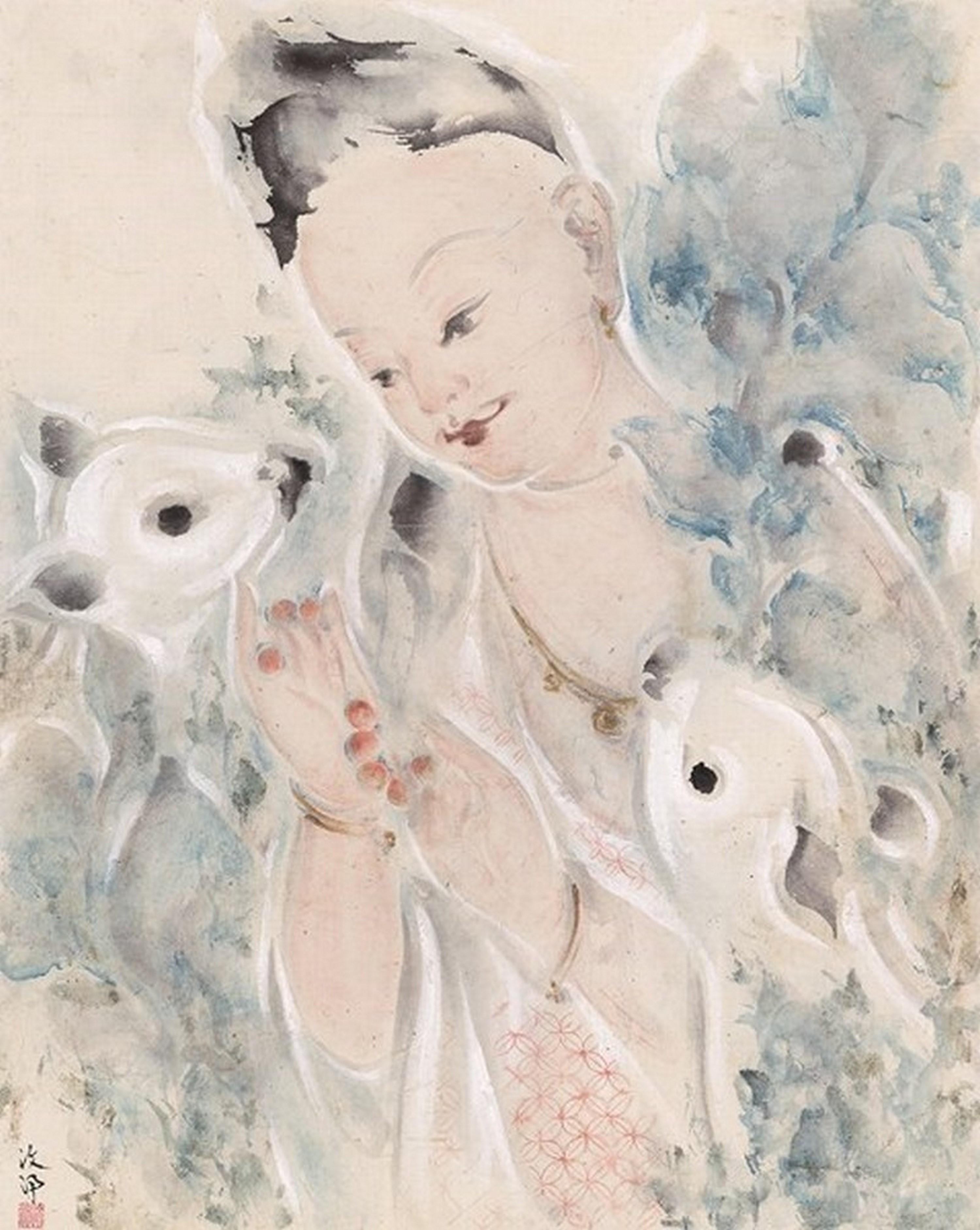 Pan Wenxun - A Pair of Deers and the Rose