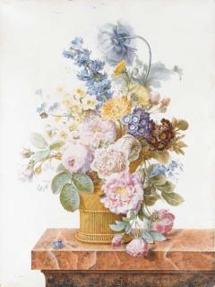 Pancrace Bessa - A Bouquet of Roses, Chrysanthemums, Auricula, Hyacinth, A Poppy, Harebells And Other Flowers In A Basket On A Marble Ledge With A Butterfly And A Fly