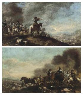 Pandolfo Reschi - A cavalry troop on a hilltop, a fortified city beyond; and A cavalry skirmish