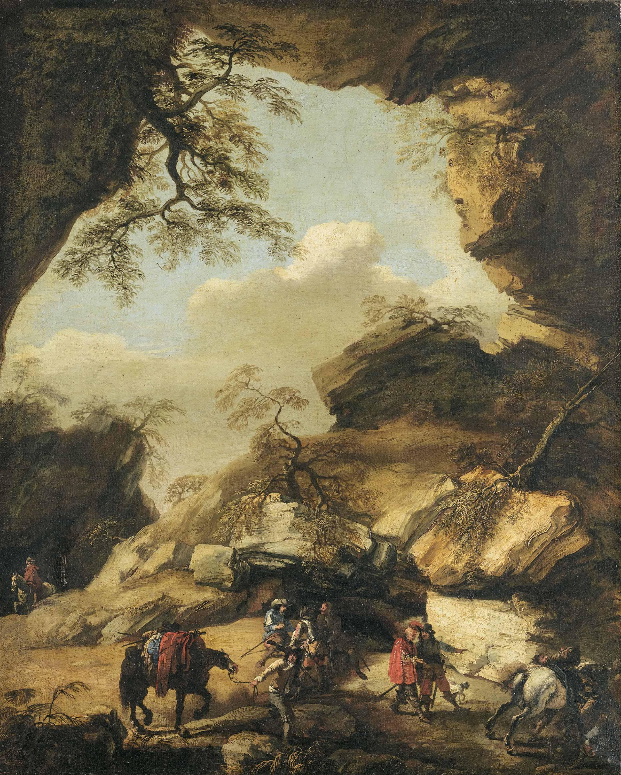 Pandolfo Reschi - A Rocky Landscape With Soldiers