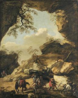 Pandolfo Reschi - A Rocky Landscape With Soldiers
