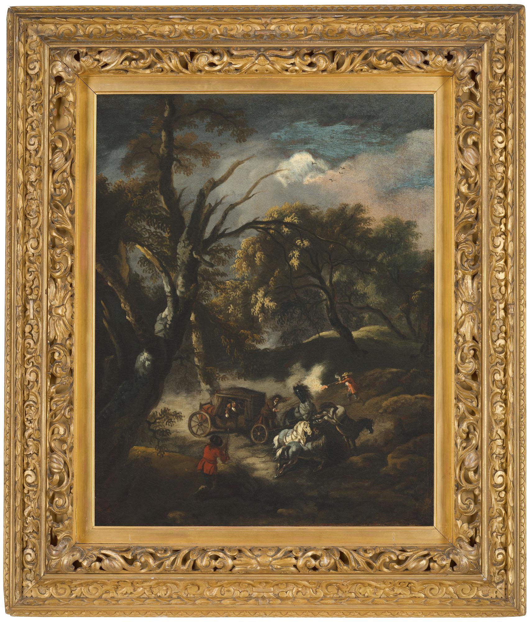 Pandolfo Reschi - A Wooded Landscape With Bandits Ambushing A Carriage