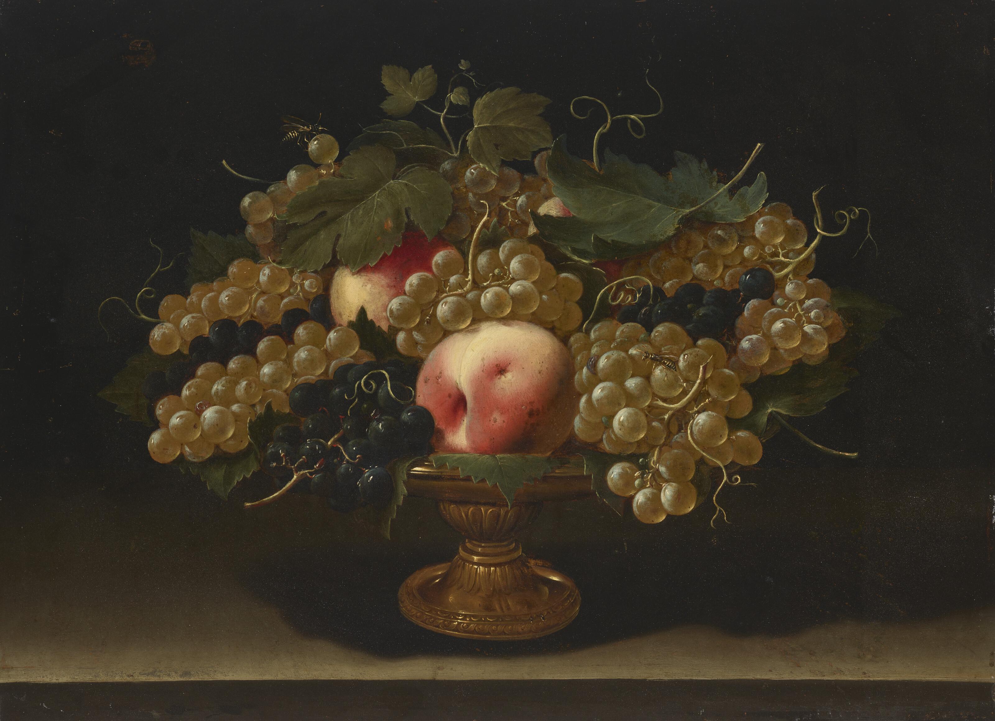Panfilo Nuvolone - A gilt alzatina on a ledge with peaches, white and red grapes and wasps