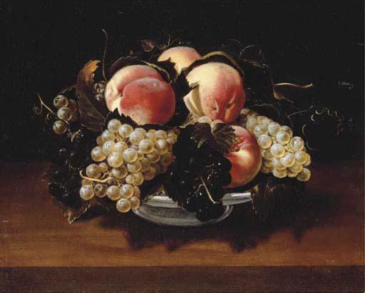 Panfilo Nuvolone - Peaches and grapes in a glass bowl on a stone ledge with a wasp