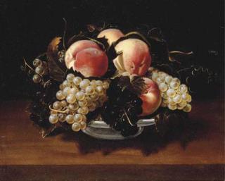 Panfilo Nuvolone - Peaches and grapes in a glass bowl on a stone ledge with a wasp