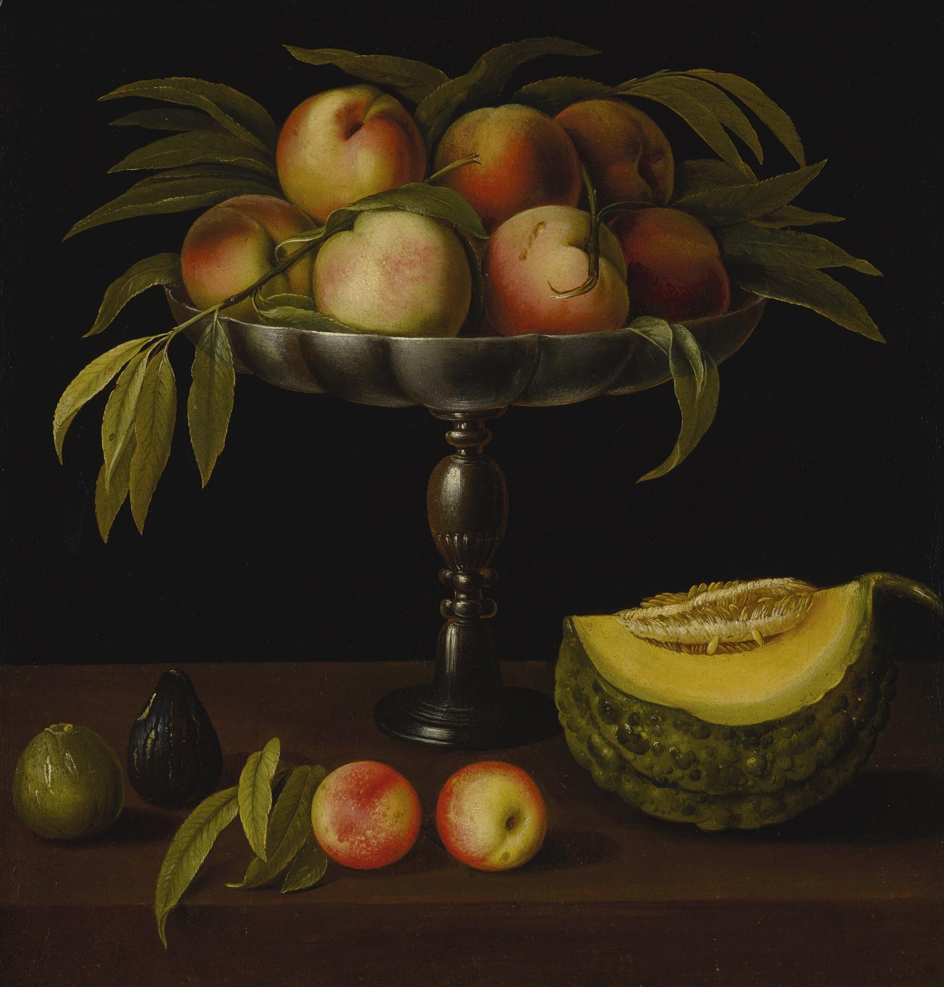Panfilo Nuvolone - Still Life With A Raised Stand, Peaches, Figs, And A Pumpkin, All On A Marble Ledge