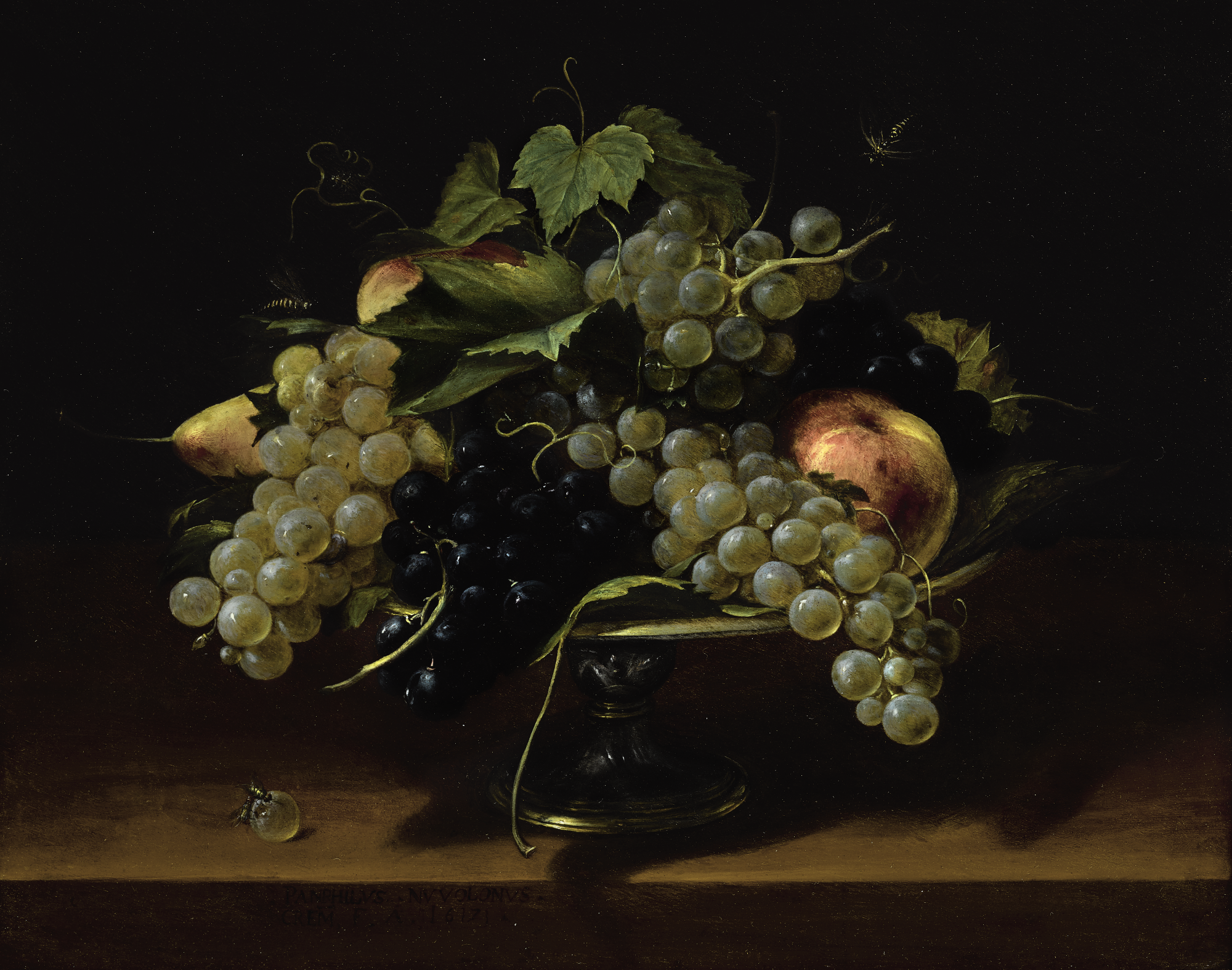 Panfilo Nuvolone - Still Life With Grapes, Peaches, And Pears On A Pewter Tazza, With A Self-Portrait In The Reflection