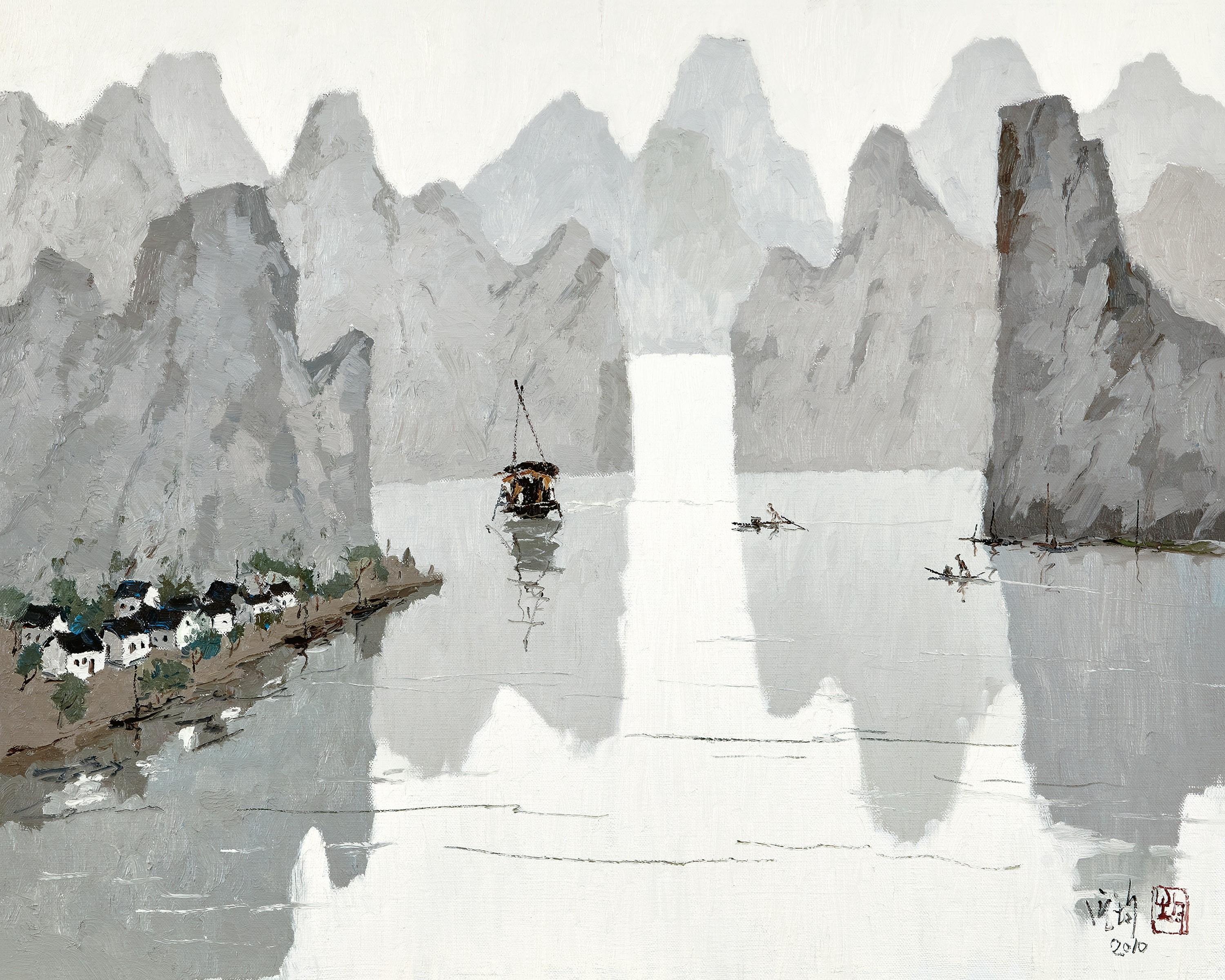 Pang Jiun - Flowing River View from the Mountain(Painted in 2010)