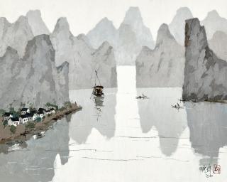 Pang Jiun - Flowing River View from the Mountain(Painted in 2010)