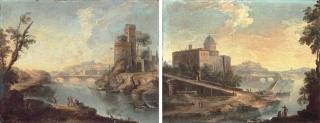 Paolo Anesi - A capriccio view of the Tiber with the Ponte Sisto; and A capriccio with a palazzo by a river