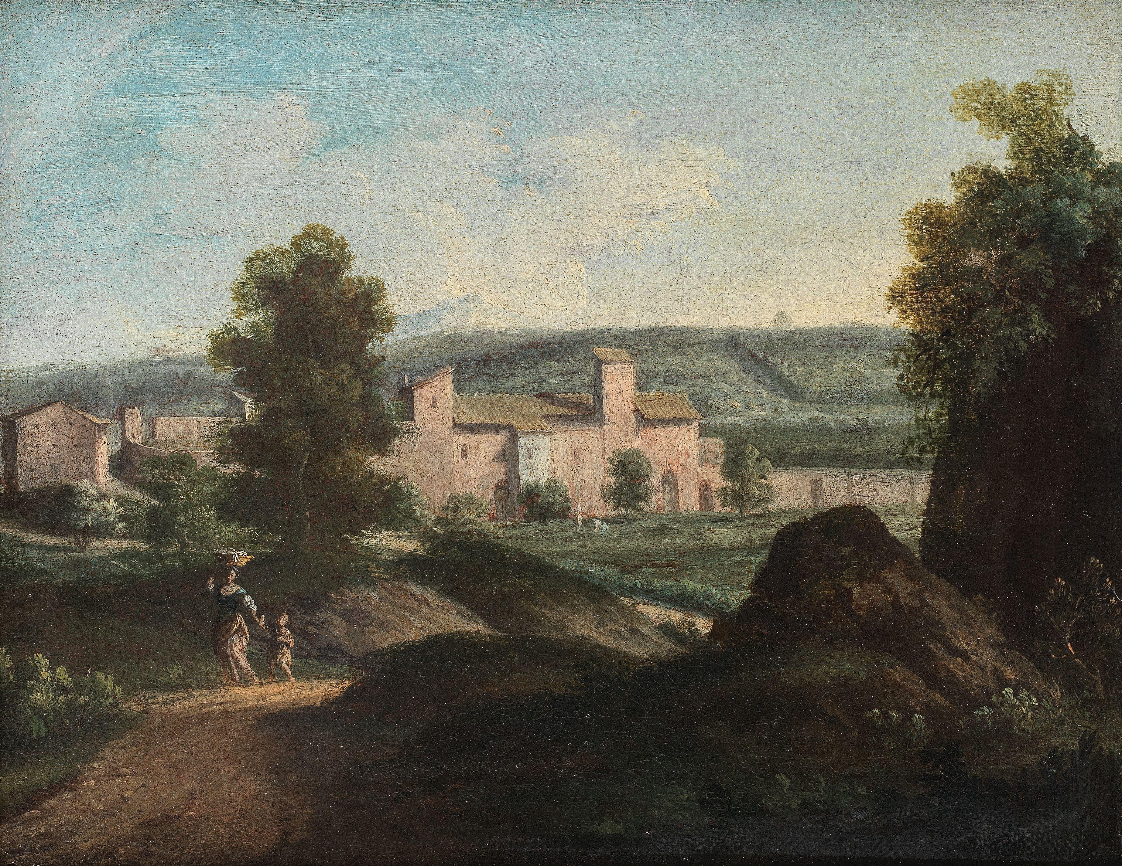 Paolo Anesi - An extensive Italianate landscape with figures before a walled village