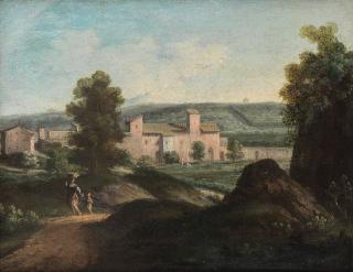 Paolo Anesi - An extensive Italianate landscape with figures before a walled village
