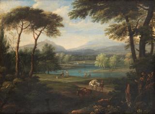 Paolo Anesi - An Extensive River Landscape With A Man And His Mules On A Country Path