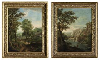 Paolo Anesi - An extensive wooded landscape with a muleteer and a cattle drover, a farm, a river and mountains beyond; and An extensive river landscape with shepherds on the riverbank, a bridge, clifftop buildings and mountains beyond