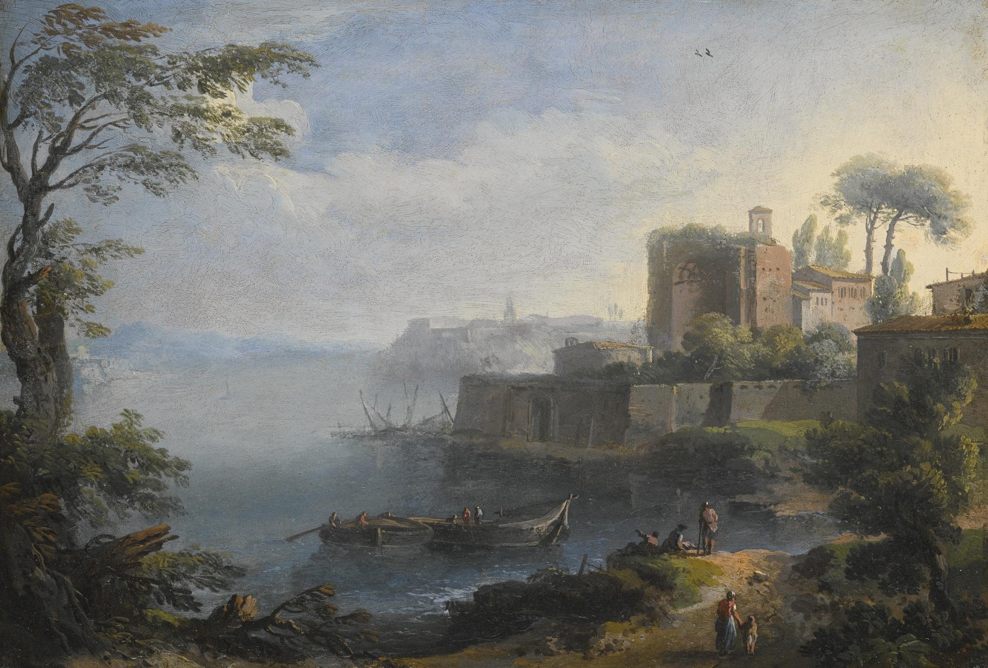 Paolo Anesi - An Italianate Coastal Landscape, With Ruins Above A Fortified Wall, And Figures In Boats And On A Path In The Foreground